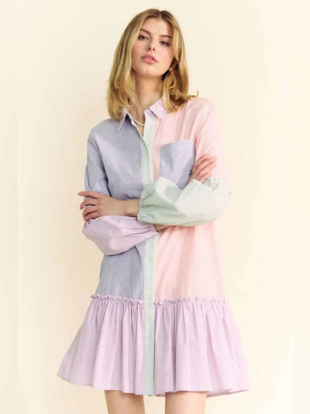Davi & Dani Striped Pastel Colorful Ruffle Long Sleeve Balloon Button Up Dress L